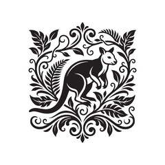 Fototapeta premium Victorian Style Ornamental Kangaroo Illustration with Filigree Flourish and Decorative Scrollwork Frame in Black and White Silhouette Vector Design