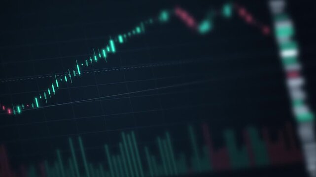 Rising candlestick chart showing a bull market uptrend, with green and red candles, moving averages, grid lines, and volume bars, on a dark stock trading screen