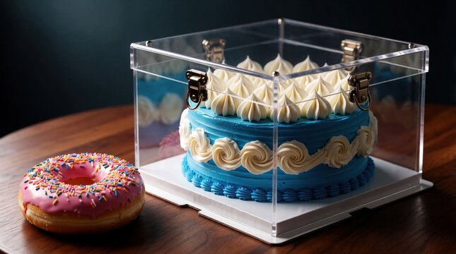 Blue frosted cake with cream rosettes sits in clear box beside pink sprinkled donut on wood table. Celebration treat presentation or bakery display.