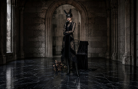 Mysterious elegant woman black lace dress rabbit bunny mask gothic medieval castle hall arch dark romance halloween masquerade fashion portrait