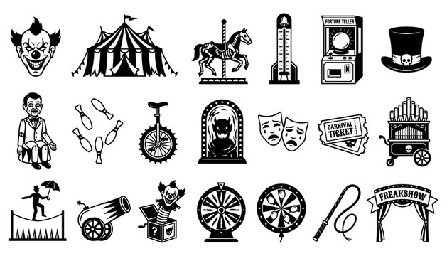 Carnival Icons Set with Circus Elements, Vintage Style Illustration