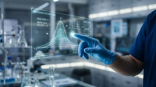 Medical data analysis visualization with gaussian distribution graph on a digital screen in a laboratory setting