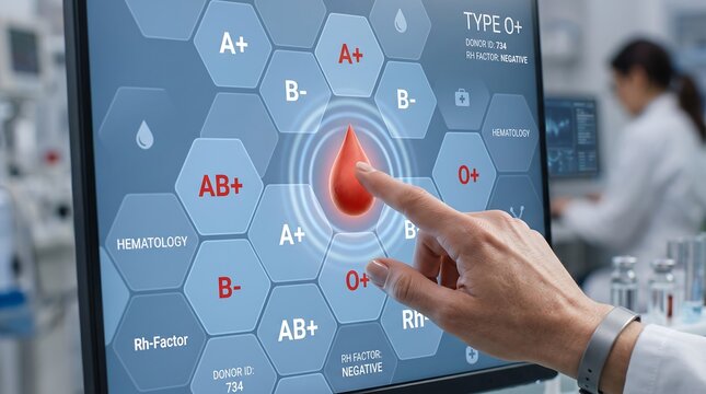 Blood type analysis on a digital screen with a doctor in a modern laboratory setting