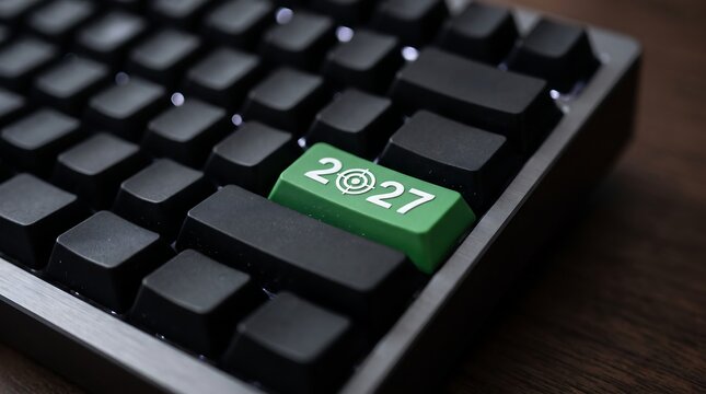 Close up of a computer keyboard with a green key displaying 2027 for future technology concepts