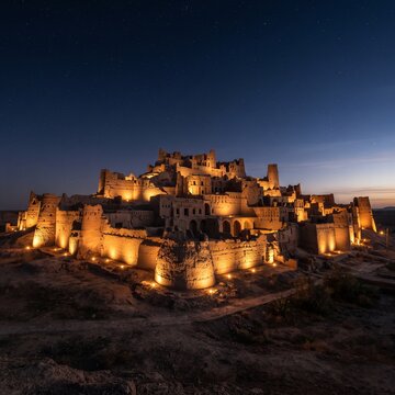 Ancient mud brick ruins illuminated beneath an indigo night sky