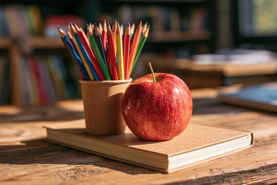 Red apple, pencils, and book on school desk