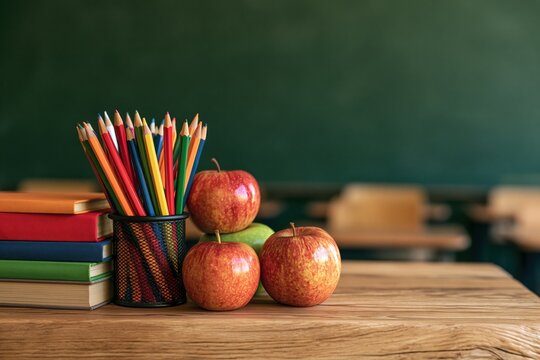 School supplies and apples on teacher's desk