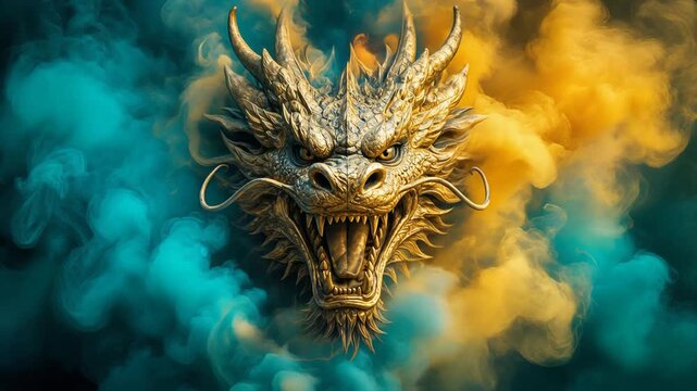 Golden Dragon Head Emerging From Swirling Teal And Orange Smoke, Mythical Decoration For Festivals Or Halloween