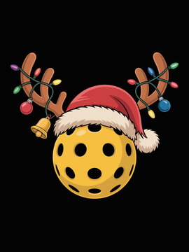 Christmas pickleball with Santa hat antlers and lights