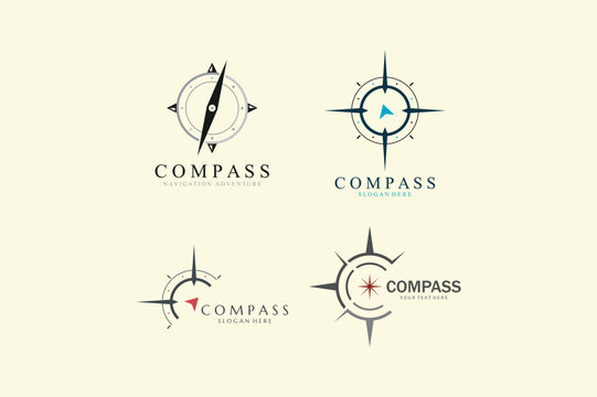 Collection of four compass featuring navigation symbols, directional needles, and circular frames on a light beige background