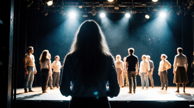 Actors stand on stage in bright lights during rehearsal. A woman watches from backstage as a group prepares for a dramatic performance. Backstage view of artists practicing.