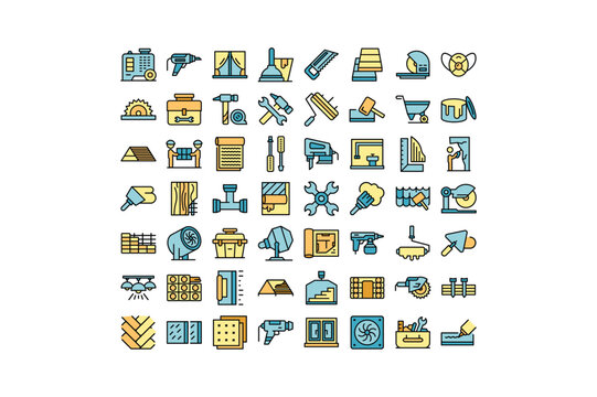 Collection of sixty-four colorful construction and renovation tool for home improvement and building projects on white