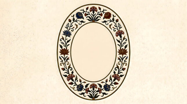 An oval floral ornament with detailed botanical motifs presents a classic decorative style arabesque mughal design pattern vintage antique