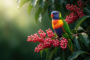 Naklejka premium Rainbow lorikeet parrot sits on branch with pink berries. Bird has blue head orange chest green body. Soft light shines on colorful plumage, natural forest background provides copy space.
