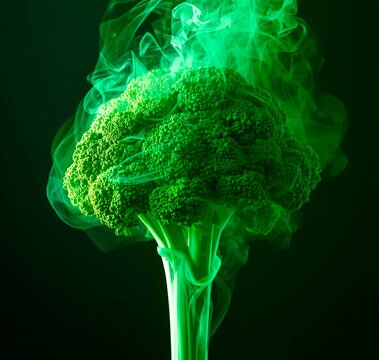 Vibrant green broccoli head emits glowing smoke