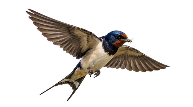 Barn swallow flying isolated on white background, bird in flight with insect in beak