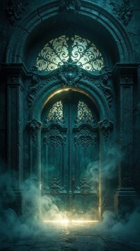 Ornate teal archway door with glowing light. Intricate carved patterns on ancient fantasy portal. Mystical entranceway surrounded by dark fog, shadows. Secret stone passage leads to magic world