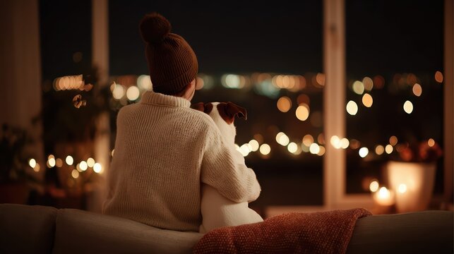 A person warmly hugs their dog on a cozy couch, illuminated by soft evening lights. This intimate scene captures emotional companionship and comfort at home.