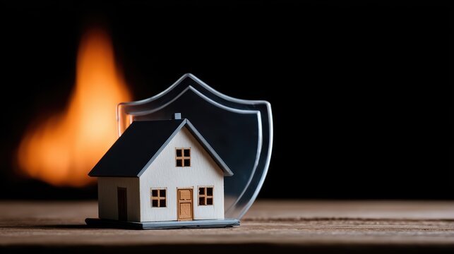 A miniature house stands protected by a transparent shield with flames behind it. This image powerfully symbolizes fire insurance and home safety protection.
