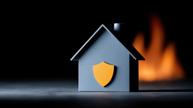 A stylized suburban house with a shield icon stands safe as flames burn nearby, highlighted by dramatic cinematic lighting. This powerful home insurance concept conveys protection and security.