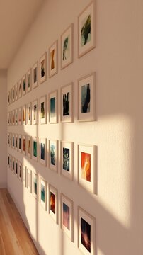 A minimalist interior gallery wall features a neat grid of light-framed artworks. Soft daylight highlights the elegant, editorial styling in a contemporary home.