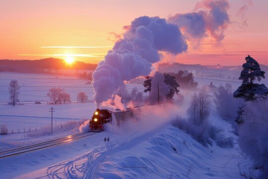 Train chugging through a snowy landscape at sunset, steam billowing against a colorful sky