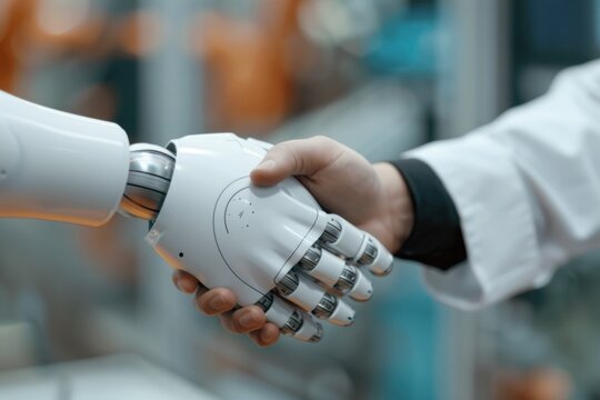 Close-up of a handshake between a human scientist and a robotic arm, symbolizing the collaboration between technology and humanity