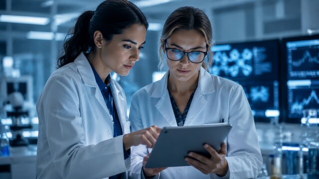 Two focused female scientists in white lab coats collaborate, analyzing research data displayed on a digital tablet in a high-tech laboratory setting