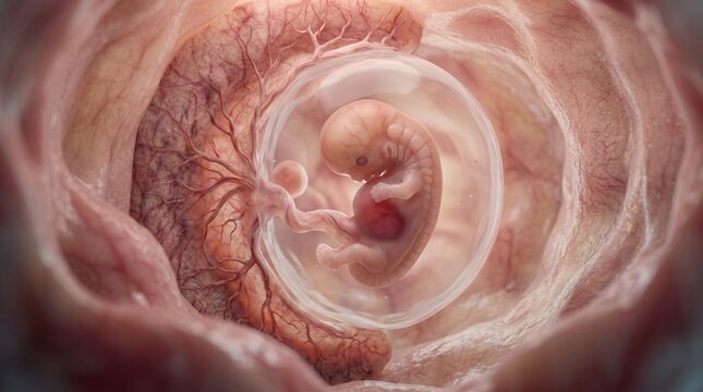 3D medical rendering of an early-stage human embryo developing inside the amniotic sac within the uterus. The umbilical cord connects to a detailed placenta on the uterine wall.