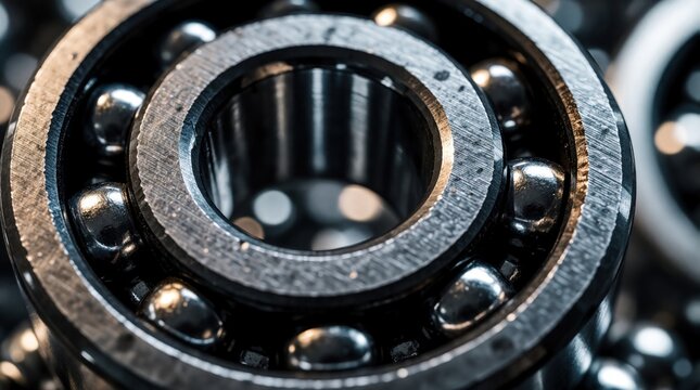 Close-up macro view of metallic ball bearing. Tiny steel spheres sit within intricate circular metal housing. Precision engineering for smooth rotation and reduced friction in machines.