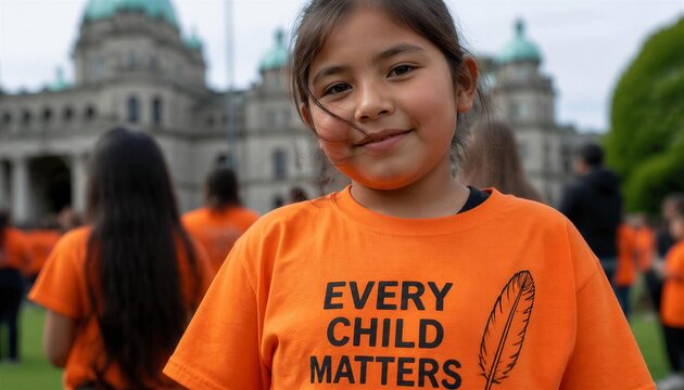 A young girl in an orange shirt at an Indigenous awareness gathering.