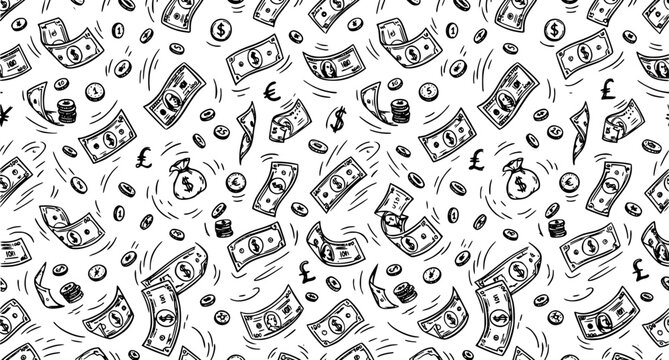 Doodle Cash Flow Raining Money Seamless Vector Pattern
