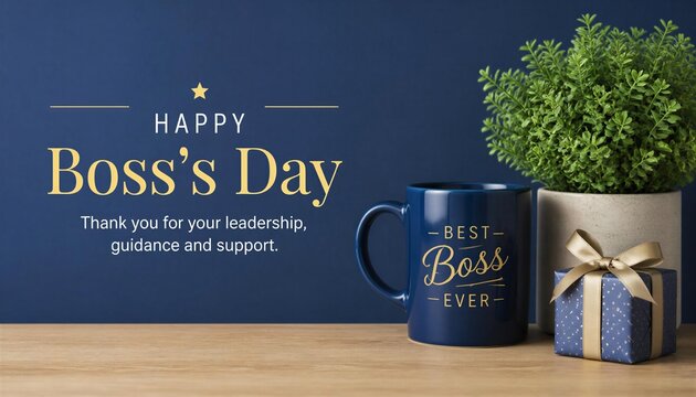 A festive Boss Day celebration setup with a mug and gift on a desk.