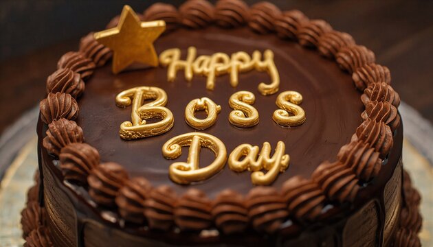 A delicious chocolate cake decorated for a professional Boss Day event.
