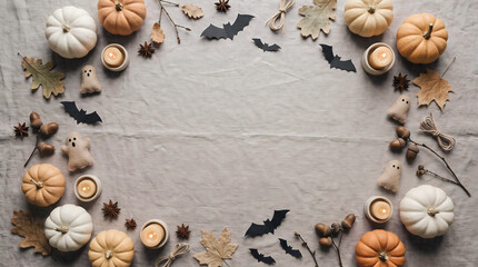Obraz premium Flat lay composition featuring decorative pumpkins autumn leaves paper bats and small ghost ornaments arranged on a textured grey fabric background for halloween