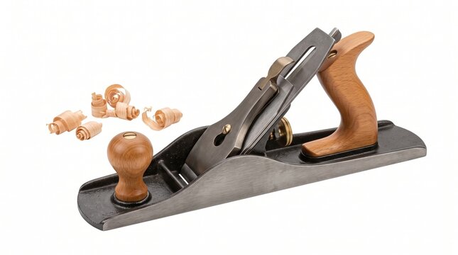 Classic metal hand plane beside wood shavings. Reflects meditative craft process and joy of manual creativity. Perfect for DIY blog posts or hobbyist woodworking guides.