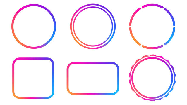Six colorful gradient frames and badges including circles, concentric rings, segmented ring, rounded square, rounded rectangle and scalloped badge