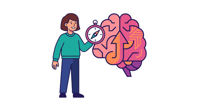 Woman holding compass and brain with arrow for mental growth concept