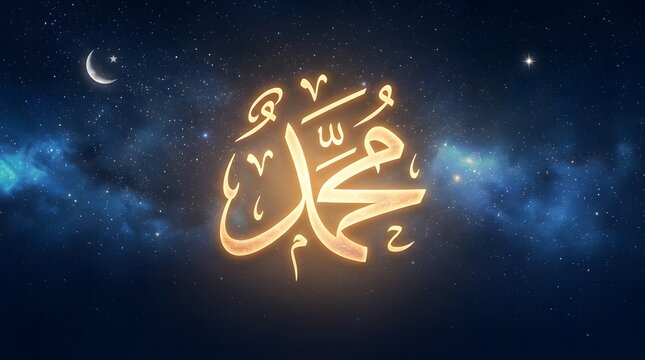 Glowing Arabic Calligraphy of Prophet Muhammad Name on Dark Blue Space Background.
