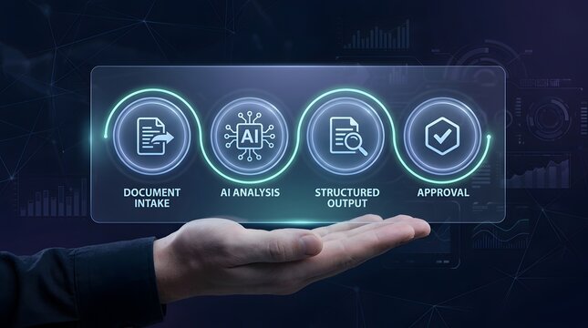 AI-Powered Document Processing Workflow Showing Document Intake, AI Analysis, Structured Output, and Approval in a Futuristic Digital Interface
