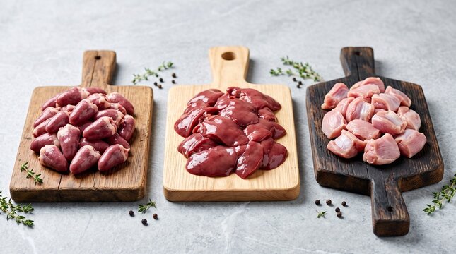 Fresh raw chicken giblets displayed on three rustic wooden serving boards