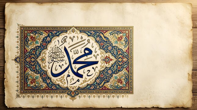 Beautiful Islamic Calligraphy of Prophet Muhammad Name on Old Paper Background.