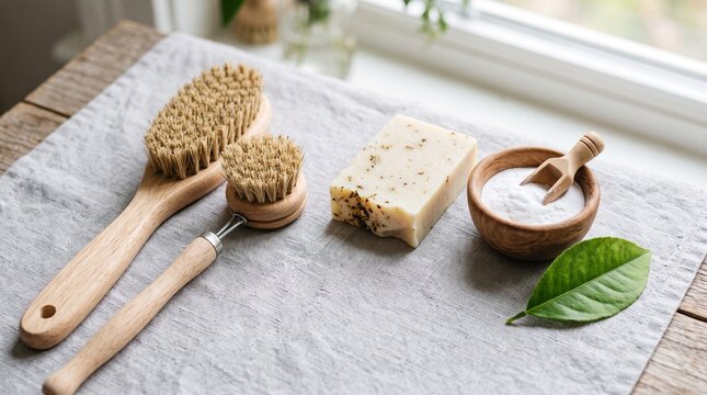 Natural bath brushes and handcrafted soap bar on a linen cloth background