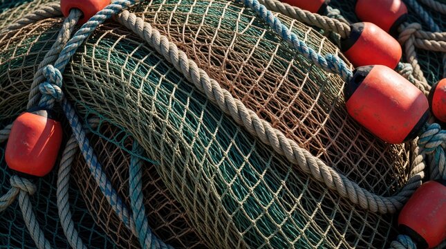 Pile of tangled fishing nets with red buoys and thick ropes. Close-up detail shows mesh texture and knotted cords. Nautical equipment piled up on dock.
