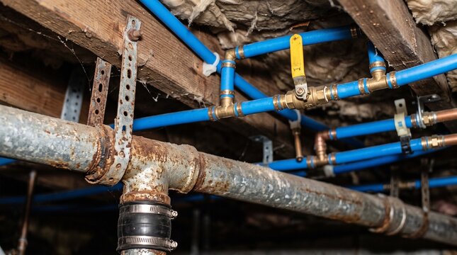 Old rusty metal sewage pipe and modern blue pex water supply plumbing lines