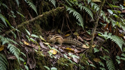 Naklejka premium Small Himalayan striped squirrel searches for food in dense green forest undergrowth. Furry rodent with striped back moves through fallen leaves on mossy ground. Wild animal in natural habitat.