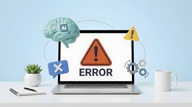 Artificial Intelligence Error Concept Showing a Laptop With System Failure Warning, AI Brain, Error Alerts, Gears, and Digital Troubleshooting Symbols Representing Technology Problems