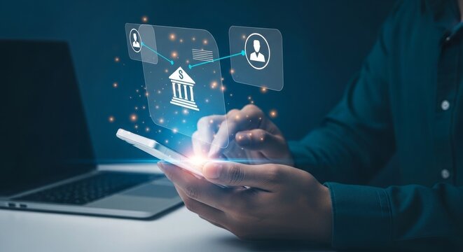 Person using smartphone showing digital banking and financial transaction interface