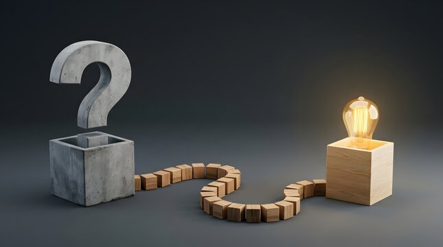 Creative Concept of Transforming Uncertainty and Questions into Innovative Ideas and Solutions, Represented by a Question Mark, Wooden Path, and Illuminated Light Bulb