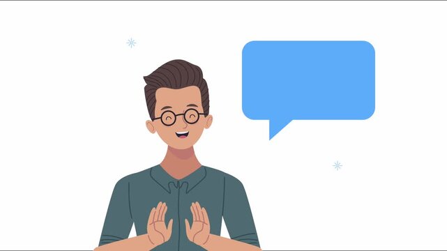 Animated young man with glasses talking with empty blue speech bubble on white background.